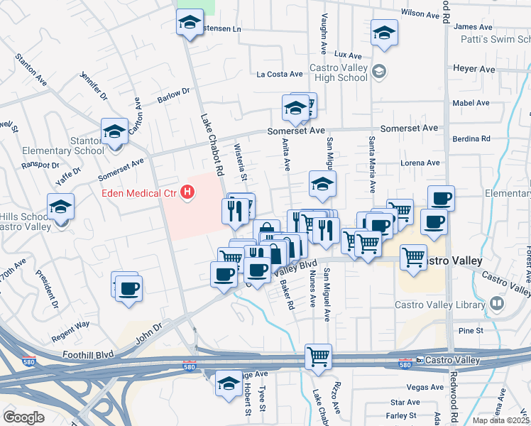 map of restaurants, bars, coffee shops, grocery stores, and more near 2796 Ganic Street in Castro Valley