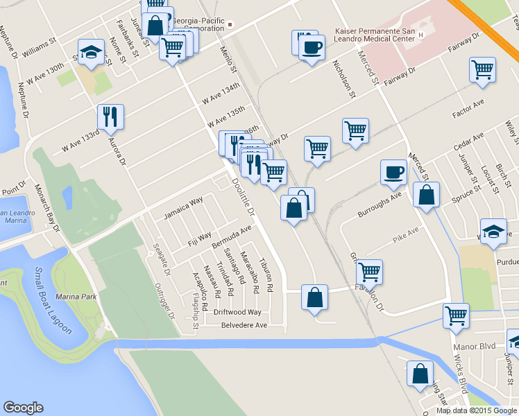 map of restaurants, bars, coffee shops, grocery stores, and more near 14072 Doolittle Drive in San Leandro