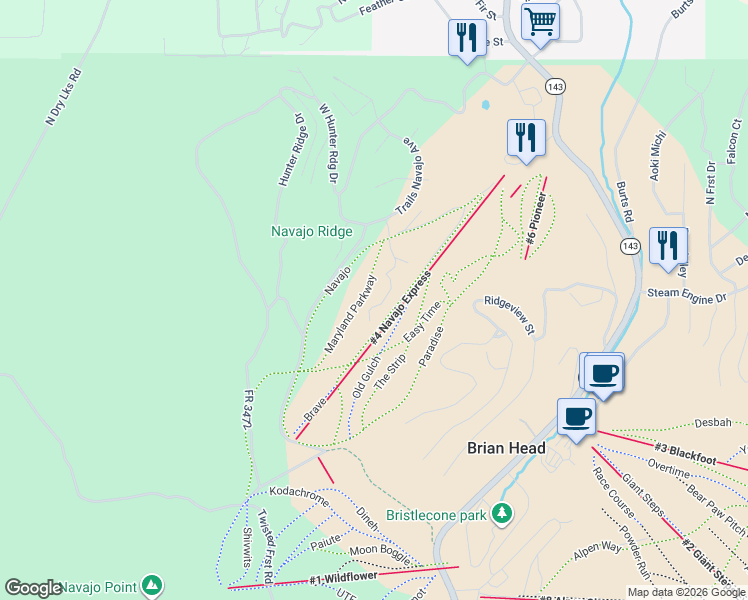 map of restaurants, bars, coffee shops, grocery stores, and more near 63 North Shooting Star Way in Brian Head
