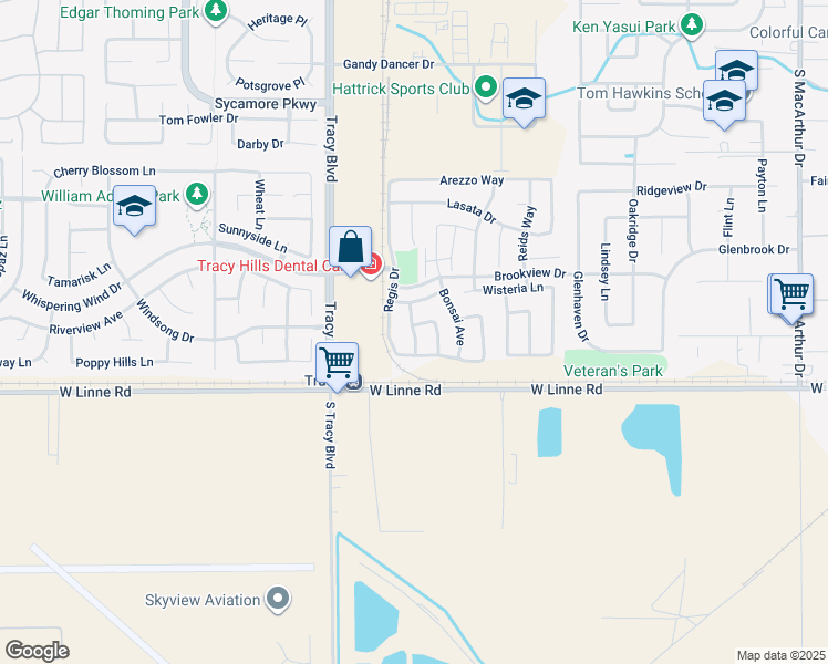 map of restaurants, bars, coffee shops, grocery stores, and more near Monarch Lane in Tracy