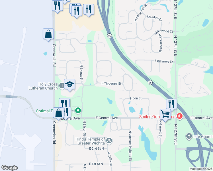map of restaurants, bars, coffee shops, grocery stores, and more near 11825 East Tipperary Street in Wichita