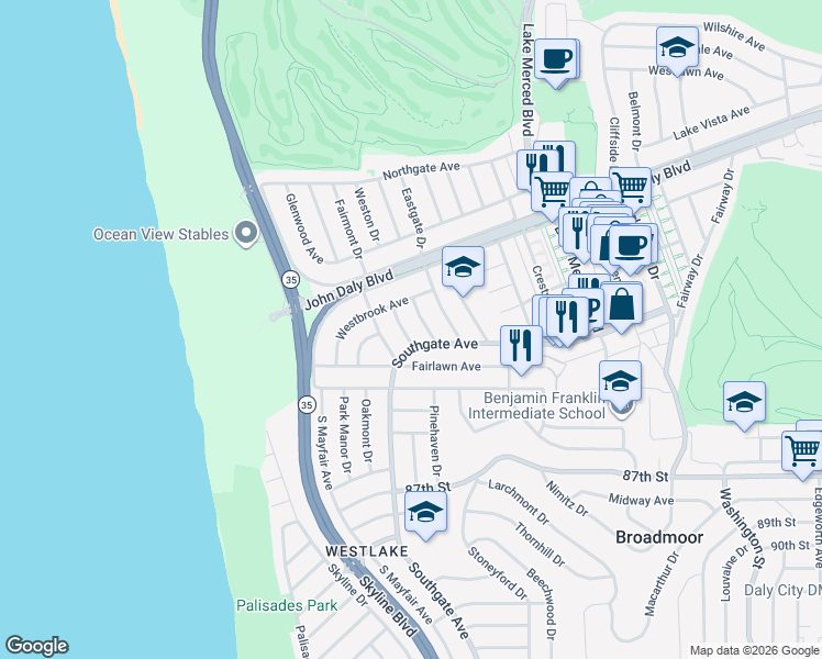 map of restaurants, bars, coffee shops, grocery stores, and more near 73 Lakewood Drive in Daly City