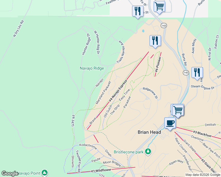 map of restaurants, bars, coffee shops, grocery stores, and more near 63 North Shooting Star Way in Brian Head
