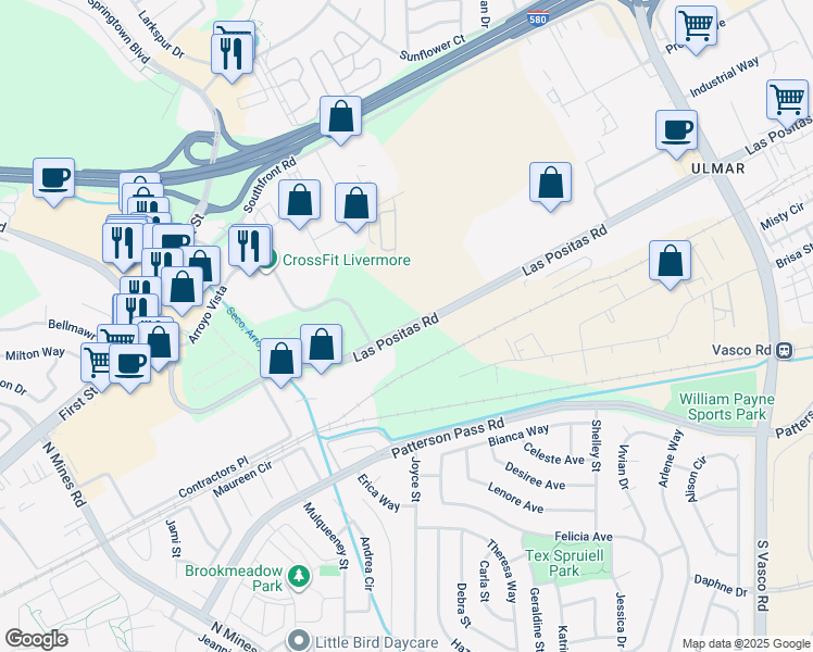map of restaurants, bars, coffee shops, grocery stores, and more near 2 Las Positas Road in Livermore