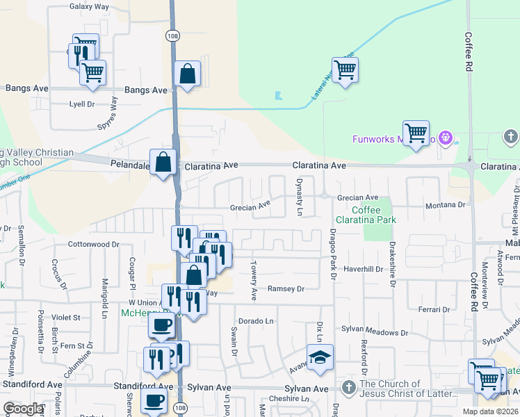 map of restaurants, bars, coffee shops, grocery stores, and more near 317 Grecian Avenue in Modesto