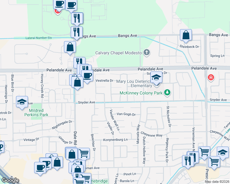map of restaurants, bars, coffee shops, grocery stores, and more near 2712 Palazzo Court in Modesto
