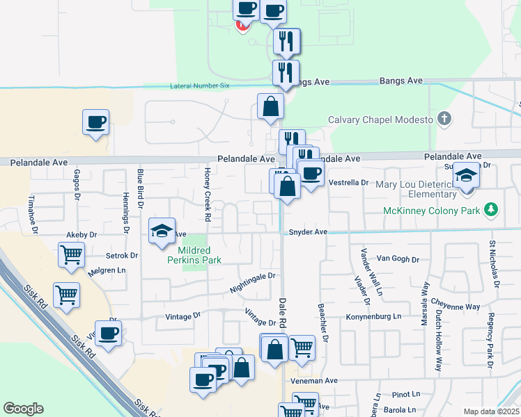 map of restaurants, bars, coffee shops, grocery stores, and more near 4053 Dale Road in Modesto