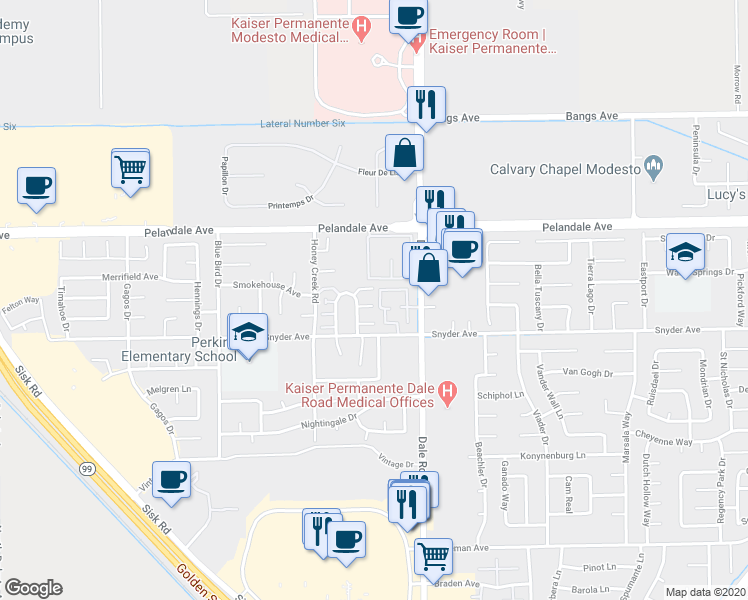 map of restaurants, bars, coffee shops, grocery stores, and more near 4053 Dale Road in Modesto