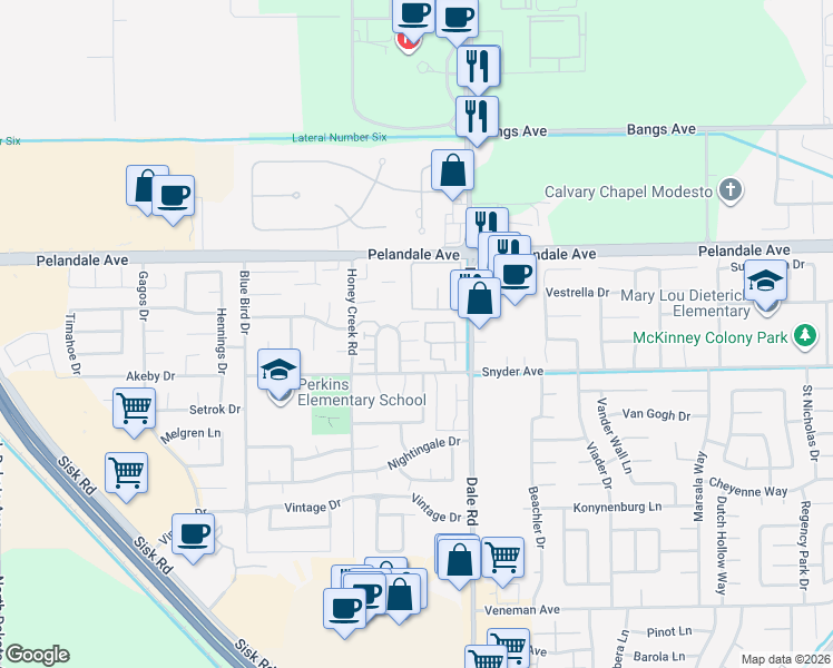 map of restaurants, bars, coffee shops, grocery stores, and more near 4053 Dale Road in Modesto