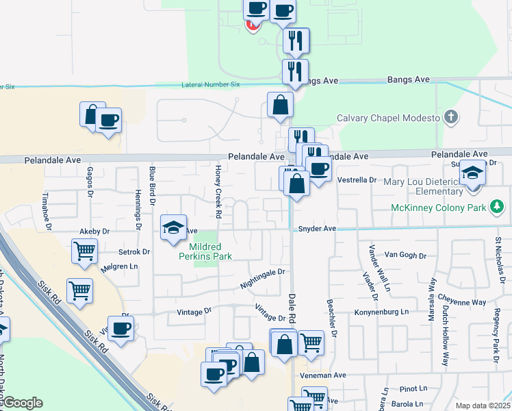 map of restaurants, bars, coffee shops, grocery stores, and more near 4053 Dale Road in Modesto
