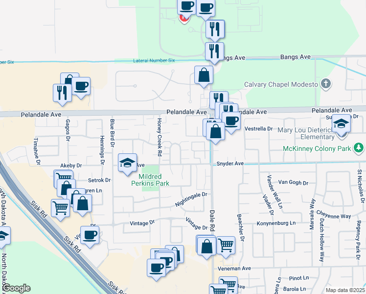 map of restaurants, bars, coffee shops, grocery stores, and more near 4028 Elmo Loop in Modesto