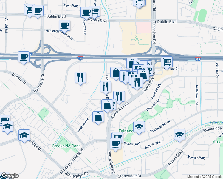map of restaurants, bars, coffee shops, grocery stores, and more near 3722-3880 Old Santa Rita Rd in Pleasanton