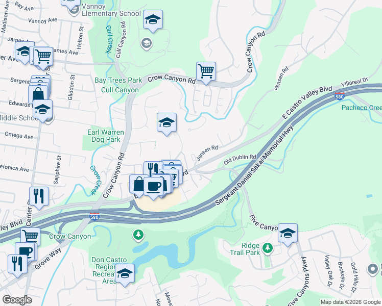 map of restaurants, bars, coffee shops, grocery stores, and more near 21600 Pheasant Woods Drive in Castro Valley