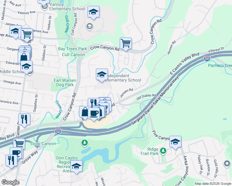 map of restaurants, bars, coffee shops, grocery stores, and more near 21600 Pheasant Woods Drive in Castro Valley