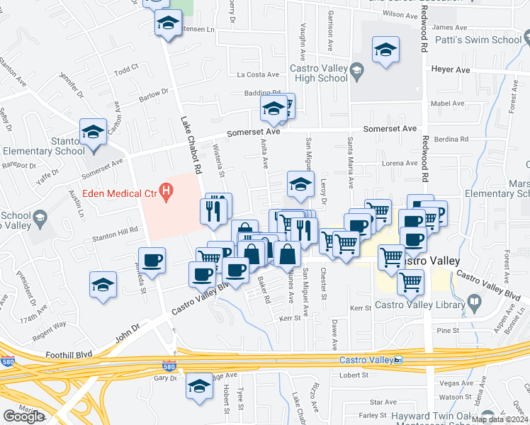 map of restaurants, bars, coffee shops, grocery stores, and more near 20257 Anita Avenue in Castro Valley