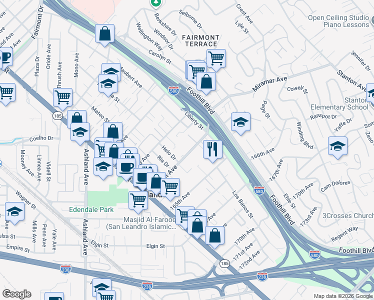 map of restaurants, bars, coffee shops, grocery stores, and more near 1581 164th Avenue in San Leandro