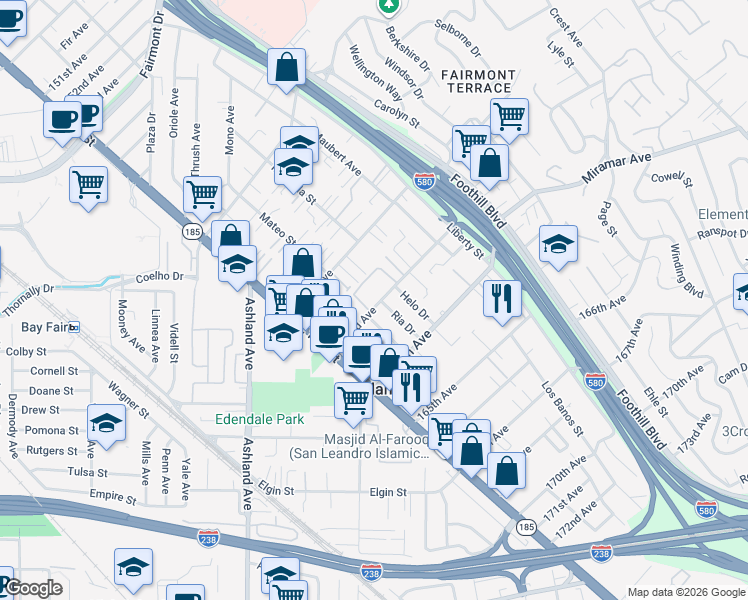 map of restaurants, bars, coffee shops, grocery stores, and more near 1511 163rd Avenue in San Leandro