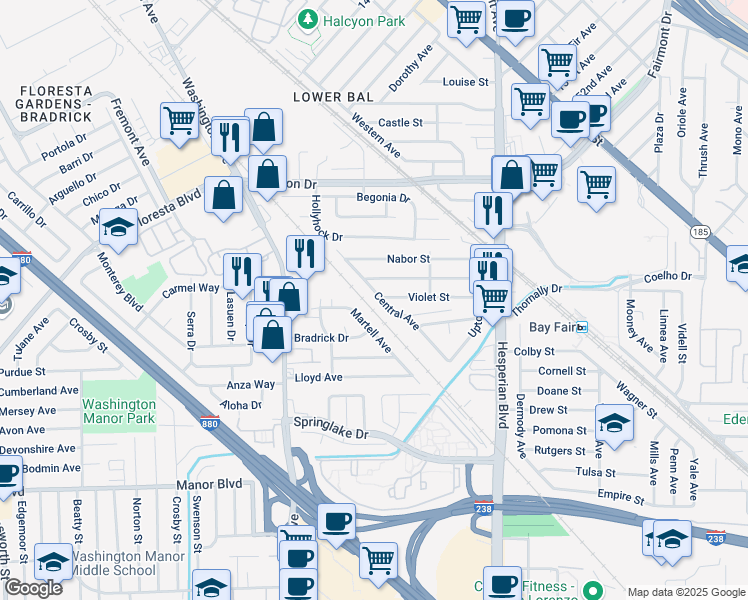 map of restaurants, bars, coffee shops, grocery stores, and more near 15233 Central Avenue in San Leandro