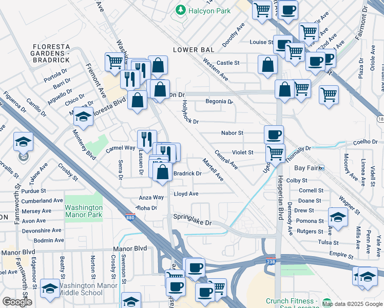 map of restaurants, bars, coffee shops, grocery stores, and more near 14716 Harold Avenue in San Leandro