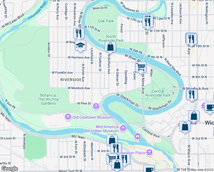 map of restaurants, bars, coffee shops, grocery stores, and more near 809 North Buffum Street in Wichita