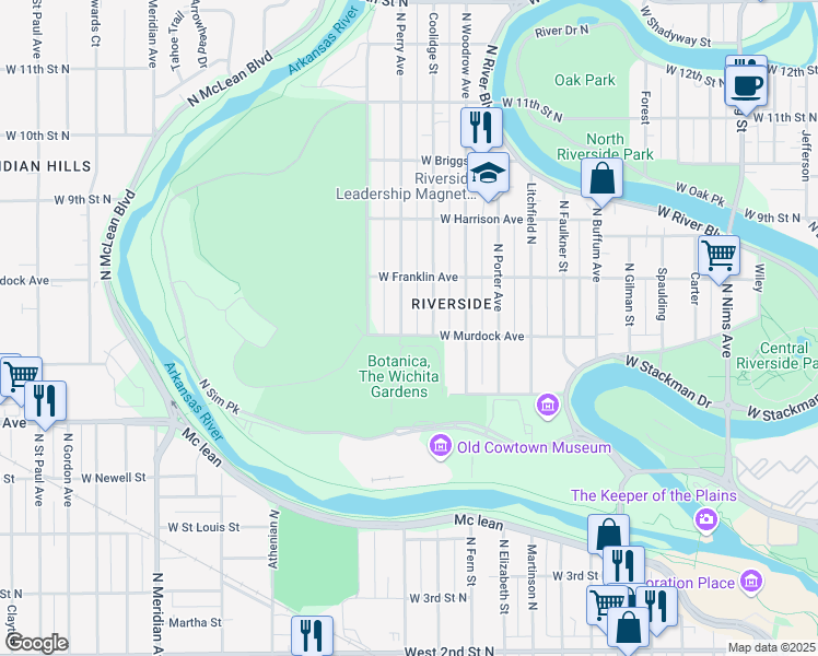map of restaurants, bars, coffee shops, grocery stores, and more near 811 North Perry Avenue in Wichita