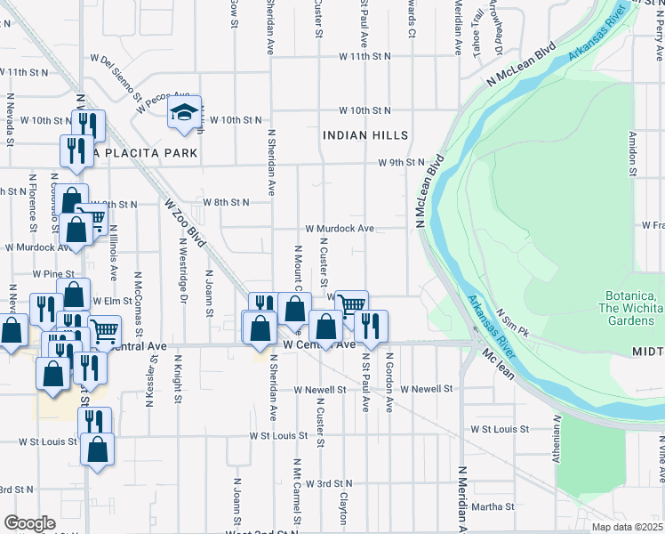 map of restaurants, bars, coffee shops, grocery stores, and more near 768 North Custer Street in Wichita