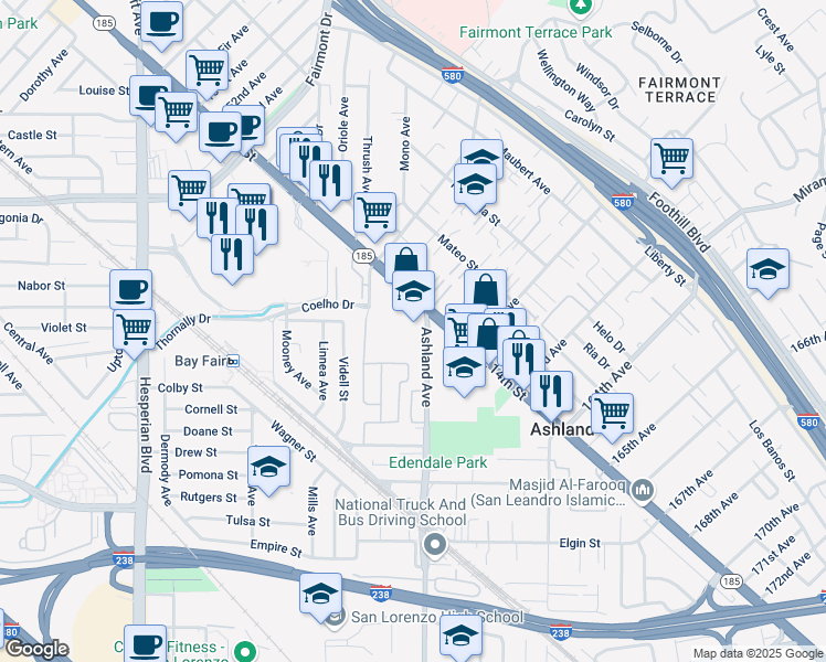 map of restaurants, bars, coffee shops, grocery stores, and more near 16053 Ashland Avenue in San Lorenzo
