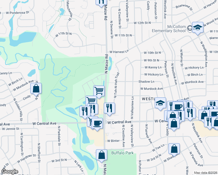 map of restaurants, bars, coffee shops, grocery stores, and more near 858 North Maize Road in Wichita
