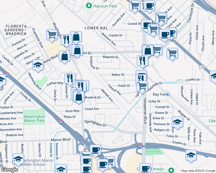 map of restaurants, bars, coffee shops, grocery stores, and more near 15233 Central Avenue in San Leandro