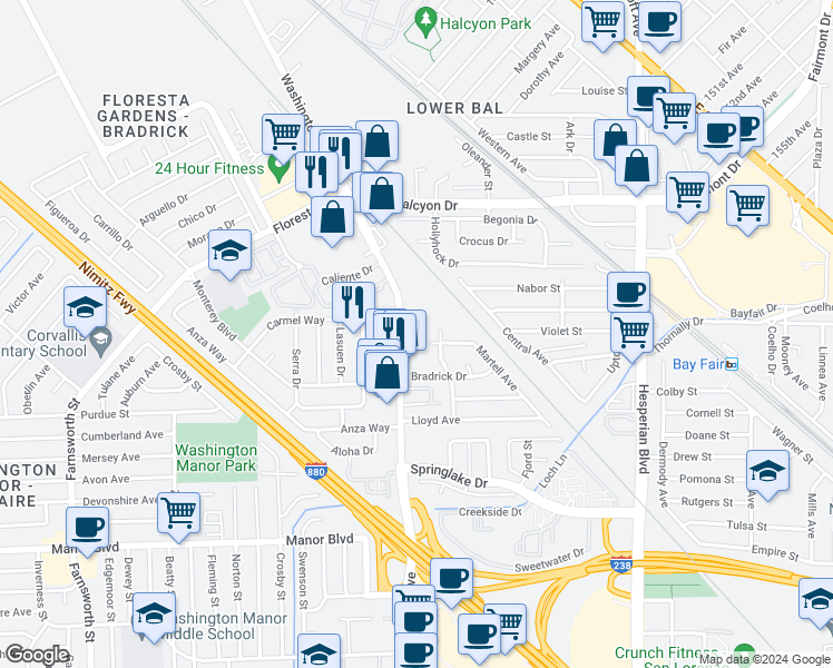 map of restaurants, bars, coffee shops, grocery stores, and more near 14766 Washington Avenue in San Leandro