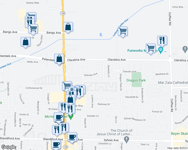 map of restaurants, bars, coffee shops, grocery stores, and more near 317 Grecian Avenue in Modesto