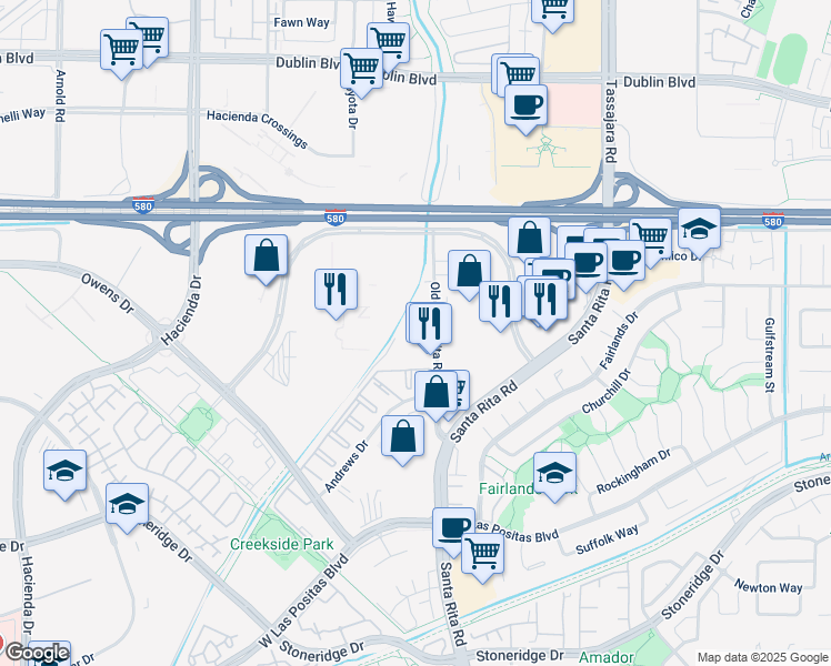 map of restaurants, bars, coffee shops, grocery stores, and more near 3687 Old Santa Rita Rd in Pleasanton