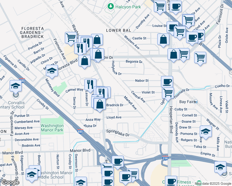 map of restaurants, bars, coffee shops, grocery stores, and more near 14716 Harold Avenue in San Leandro