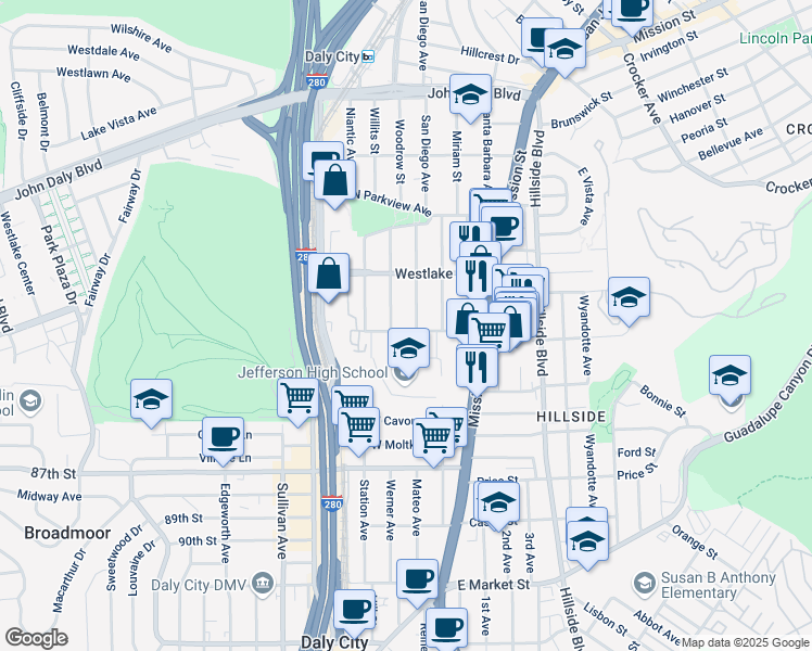 map of restaurants, bars, coffee shops, grocery stores, and more near 332 Citrus Avenue in Daly City