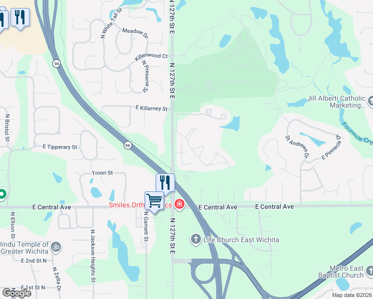 map of restaurants, bars, coffee shops, grocery stores, and more near 12810 Crest Ridge Circle in Wichita