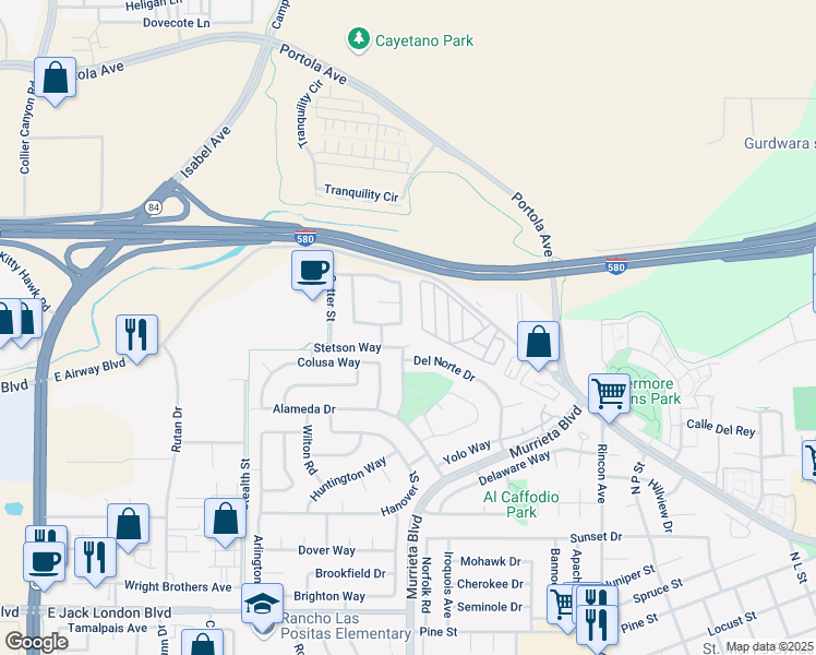 map of restaurants, bars, coffee shops, grocery stores, and more near 690 Saddleback Circle in Livermore