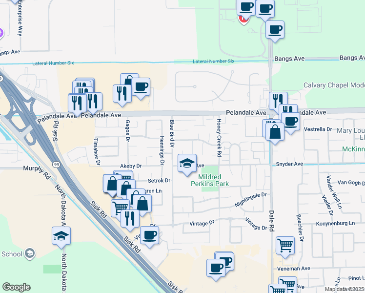 map of restaurants, bars, coffee shops, grocery stores, and more near 3312 Smokehouse Avenue in Modesto