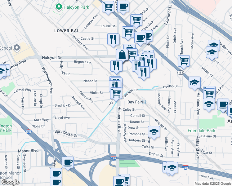 map of restaurants, bars, coffee shops, grocery stores, and more near 15251 Hesperian Boulevard in San Leandro