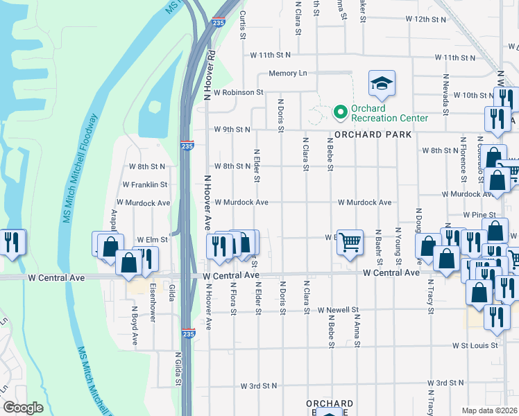 map of restaurants, bars, coffee shops, grocery stores, and more near 5201-5299 West Murdock Street in Wichita
