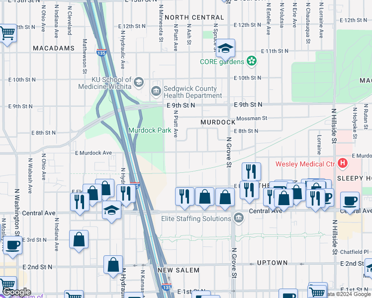 map of restaurants, bars, coffee shops, grocery stores, and more near 2020 East Murdock Street in Wichita