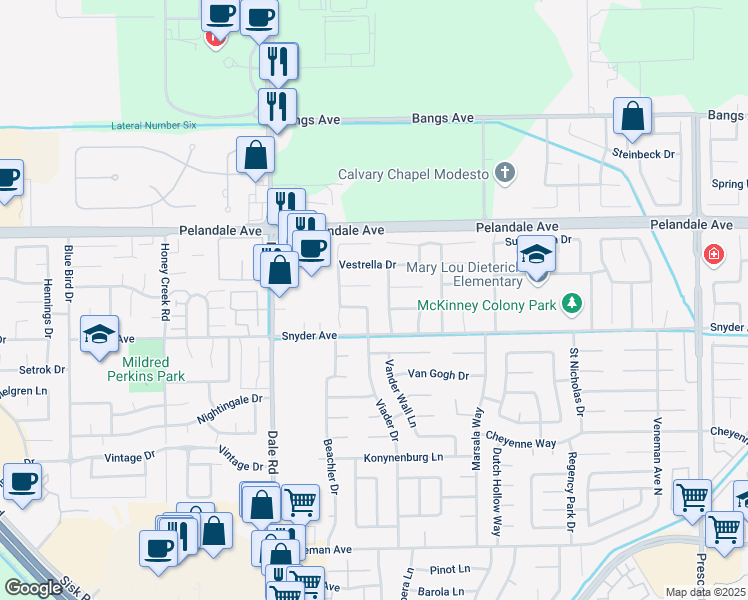 map of restaurants, bars, coffee shops, grocery stores, and more near 2801 Black Mountain Way in Modesto