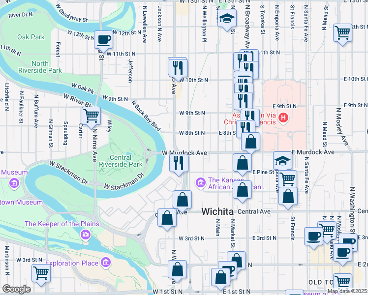 map of restaurants, bars, coffee shops, grocery stores, and more near in Wichita