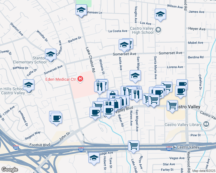 map of restaurants, bars, coffee shops, grocery stores, and more near 20240 Wisteria Street in Castro Valley