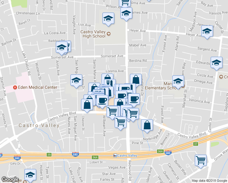 map of restaurants, bars, coffee shops, grocery stores, and more near 3563 Jamison Way in Castro Valley
