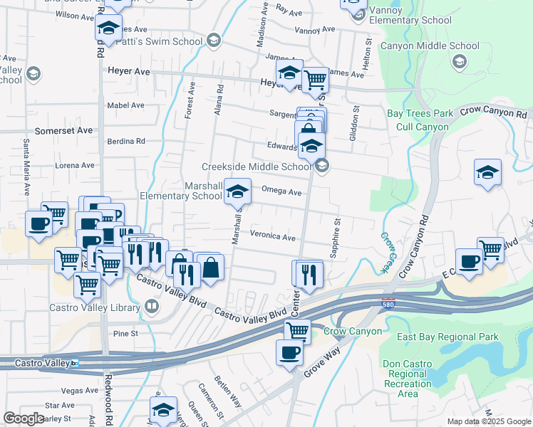 map of restaurants, bars, coffee shops, grocery stores, and more near 20056 Topaz Court in Castro Valley