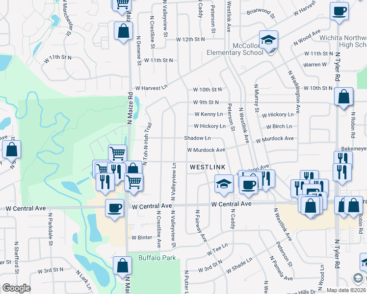 map of restaurants, bars, coffee shops, grocery stores, and more near 901 North Chipper Lane in Wichita