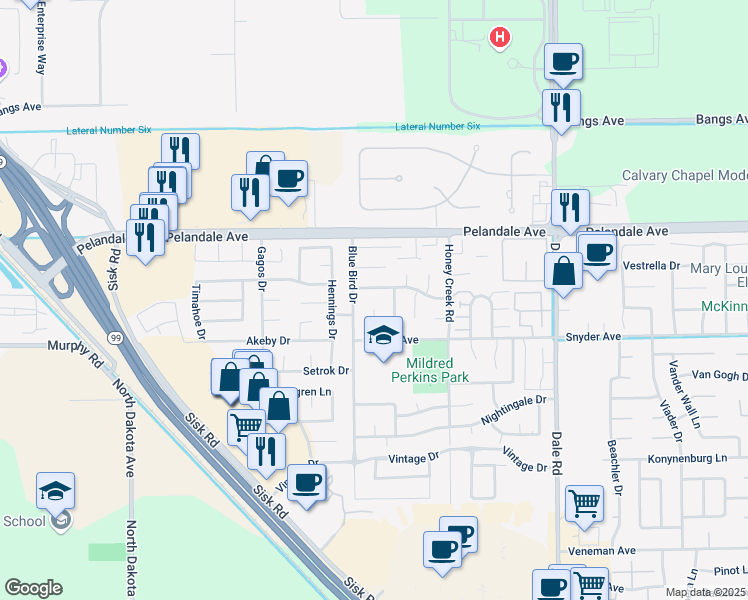 map of restaurants, bars, coffee shops, grocery stores, and more near 3312 Smokehouse Avenue in Modesto