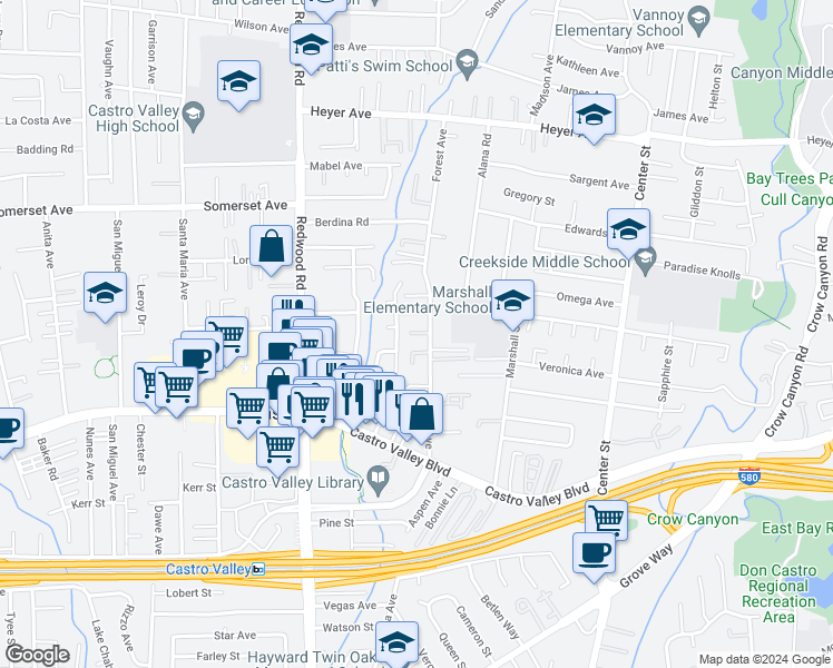 map of restaurants, bars, coffee shops, grocery stores, and more near 20156 Meadowlark Drive in Castro Valley