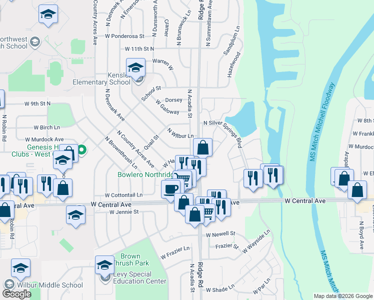 map of restaurants, bars, coffee shops, grocery stores, and more near 824-832 Emerson in Wichita