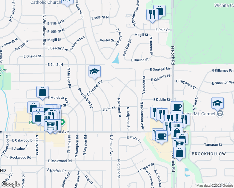 map of restaurants, bars, coffee shops, grocery stores, and more near 625 North Rutland Street in Wichita